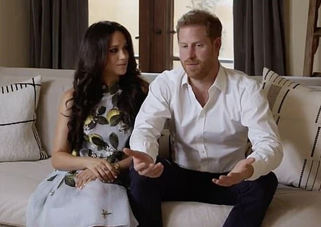 Harry and Meghan on a couch in their Montecito home