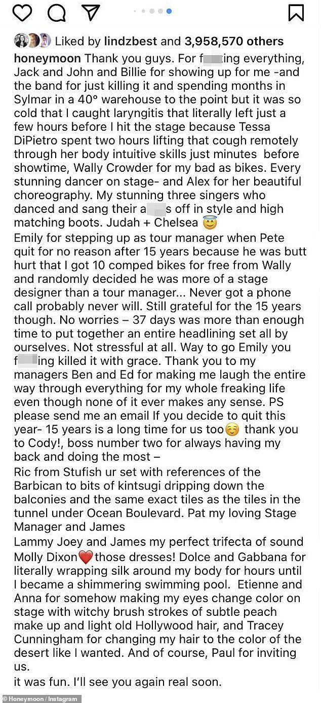She wrote a lengthy Instagram note on Tuesday thanking her team, before mocking former collaborator Pete, seemingly in reference to 15-year-old tour manager Peter Abbott, for suddenly quitting just over a month before the festival.