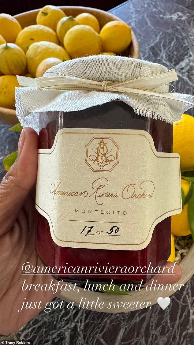 Fashion designer Tracy Robbins posted a photo of the jam, with the American Riviera Orchard logo and 