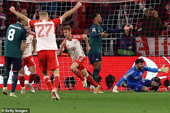 MUNICH, GERMANY - APRIL 17: Joshua Kimmich of FC Bayern Munich celebrates scoring the first team goal during the UEFA Champions League quarter-final between FC Bayern Munich and Arsenal FC at the Allianz Arena on April 17, 2024 in Munich, Germany.  (Photo by Alexander Hassenstein/Getty Images) *** BESTPIX ***