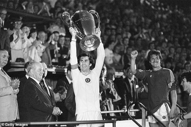 Collymore's tweet included examples of several teams winning the European Cup, such as Aston Villa's memorable win in 1982 (captain Dennis Mortimer with the trophy)