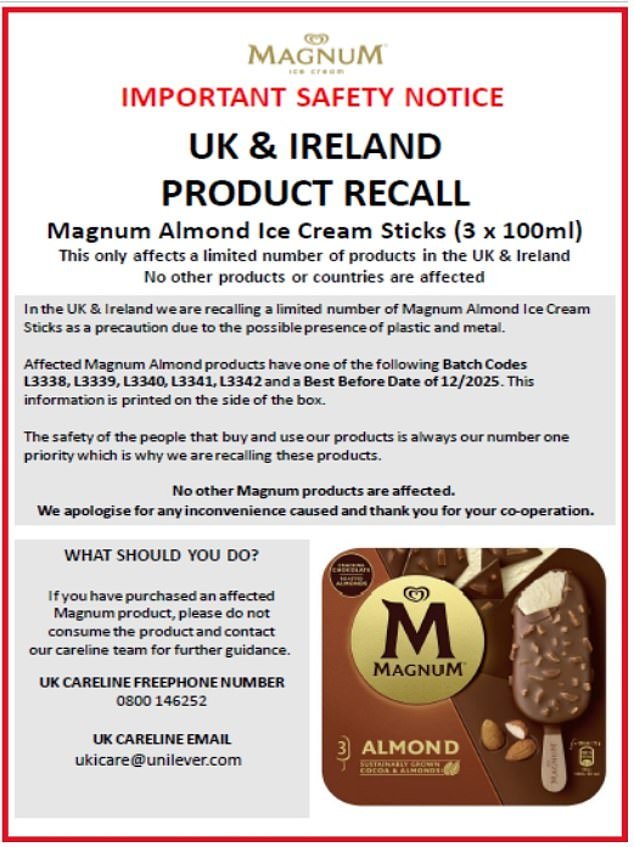The Magnum Almond Ice Creams are usually sold at Tesco and Sainsbury's for £3.25 for a box of three.  Only boxes with batch codes L3338, L3339, L3340, L3341 and L3342 are affected by the recall