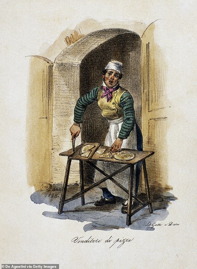 Pictured: The pizza seller, 1825, by Gaetano Dura (1805-1878), lithograph.  According to Professor Grandi, pizza in Italy was made without tomato sauce until the emigration in the 19th century