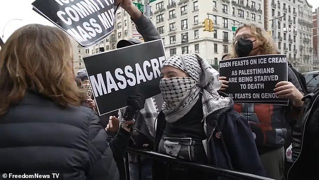 The same protester who said 'We are all Hamas b*****' is seen shouting at a female pro-Israel protester