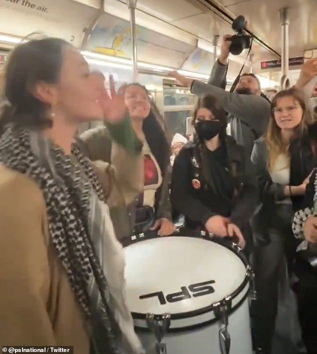 In another clip, a crowd of people crammed into a subway car, beating drums as they chanted, “Free our prisoners, free them all!”  Zionism will fall!'
