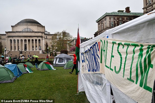About 60 tents lined the southern lawn of the campus, with two large signs reading “liberated zone” and “solidarity encampment in Gaza.”