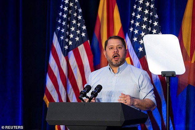 Senate candidate Ruben Gallego speaks at an event with Vice President Kamala Harris on April 12