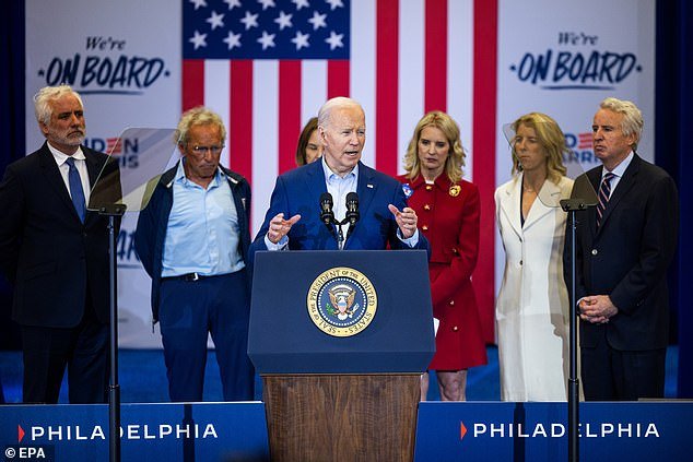 On the same day that RFK Jr.  announced he would appear on the ballot in Michigan, President Joe Biden (center) gathered members of the Kennedy clan to appear alongside him in Philadelphia and officially endorse his re-election campaign.