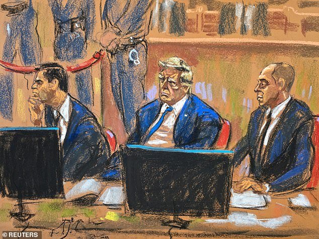 Courtroom sketch of Trump sitting with his lawyers Todd Blanche and Emil Bove during jury selection on day three for his criminal trial on charges of falsifying business records over hush money payments