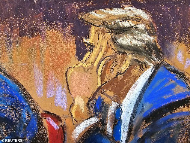 A sketch of Trump paying close attention as jurors are questioned for his criminal trial on Thursday