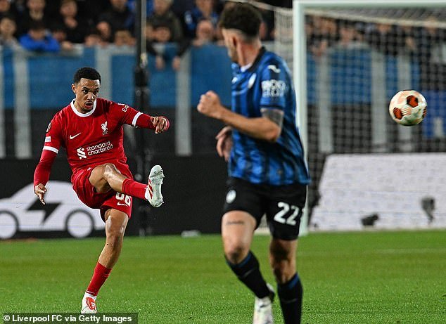 Klopp said it was 'insane' that Trent Alexander-Arnold (left) could play for so long after only recently returning from injury, quickly recalled due to Conor Bradley's ankle problem