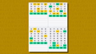 Quordle daily set of answers for game 816 on a yellow background