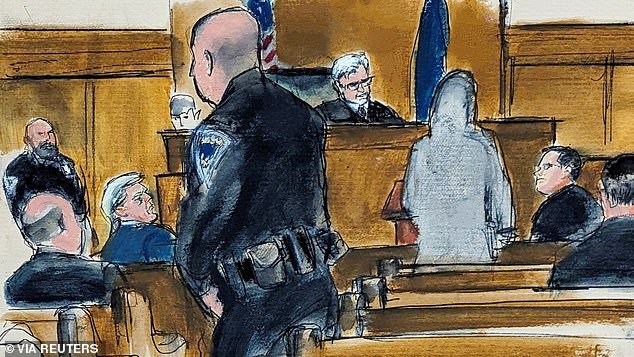 A courtroom sketch of day three of jury selection.  Before the twelve jurors could be seated, two were dismissed, including one who expressed concern about his identification