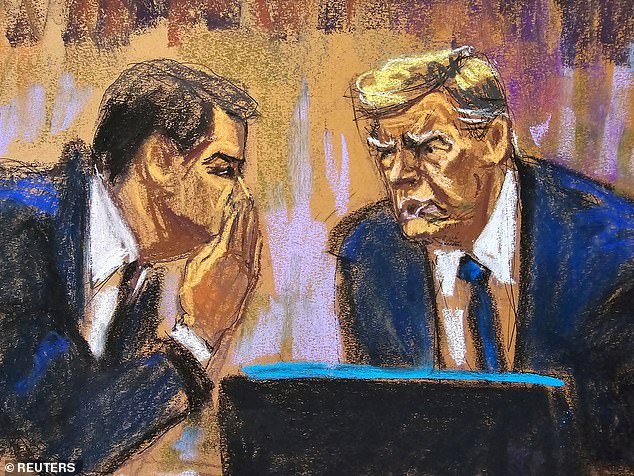A sketch of Trump listening to his lawyer Todd Blanche during jury selection on April 18