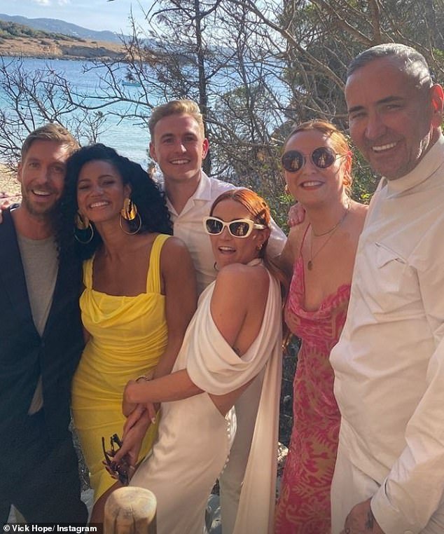 Vick looked sensational in her canary yellow dress, while Calvin rocked a navy blue suit with a light gray T-shirt (pictured with Dom Barklem, Ami Bennett and DJ Fat Tony)