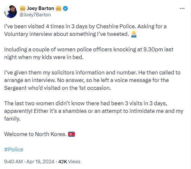 1713521623 471 Joey Barton says hes been visited by police four times