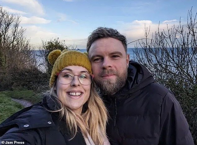 Mrs Wright, pictured with her fiancé Lewis, 35, had previously undergone surgery to remove polyps - tissue growths - from her intestines and believed her 'debilitating' symptoms were a result of this.