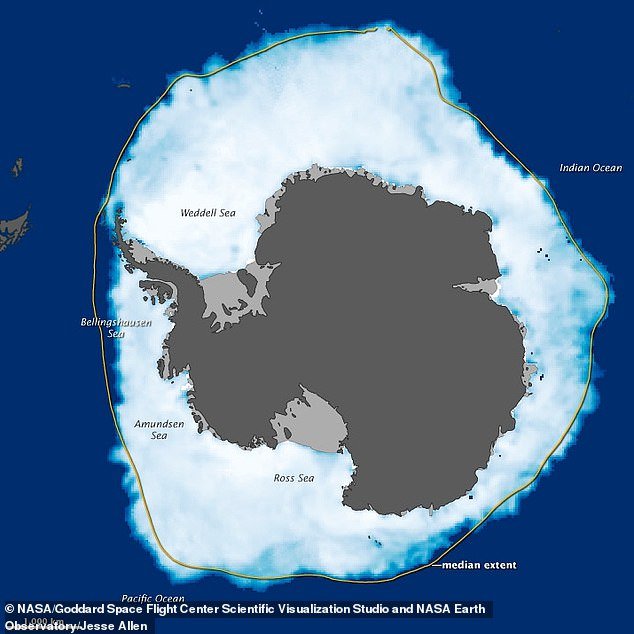 An image of Antarctica, distinguishing the landmass (dark gray), ice shelves (light gray), and sea ice (white).  Ross Ice Shelf, Antarctica's largest ice shelf, is located in the south