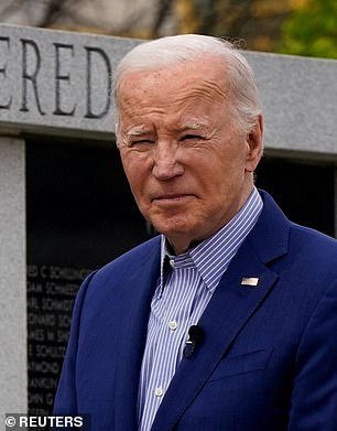 Biden (pictured on Wednesday at a war memorial in Pennsylvania) suggested twice on Wednesday that Finnegan had met a gruesome end at the hands of flesh-eating savages.