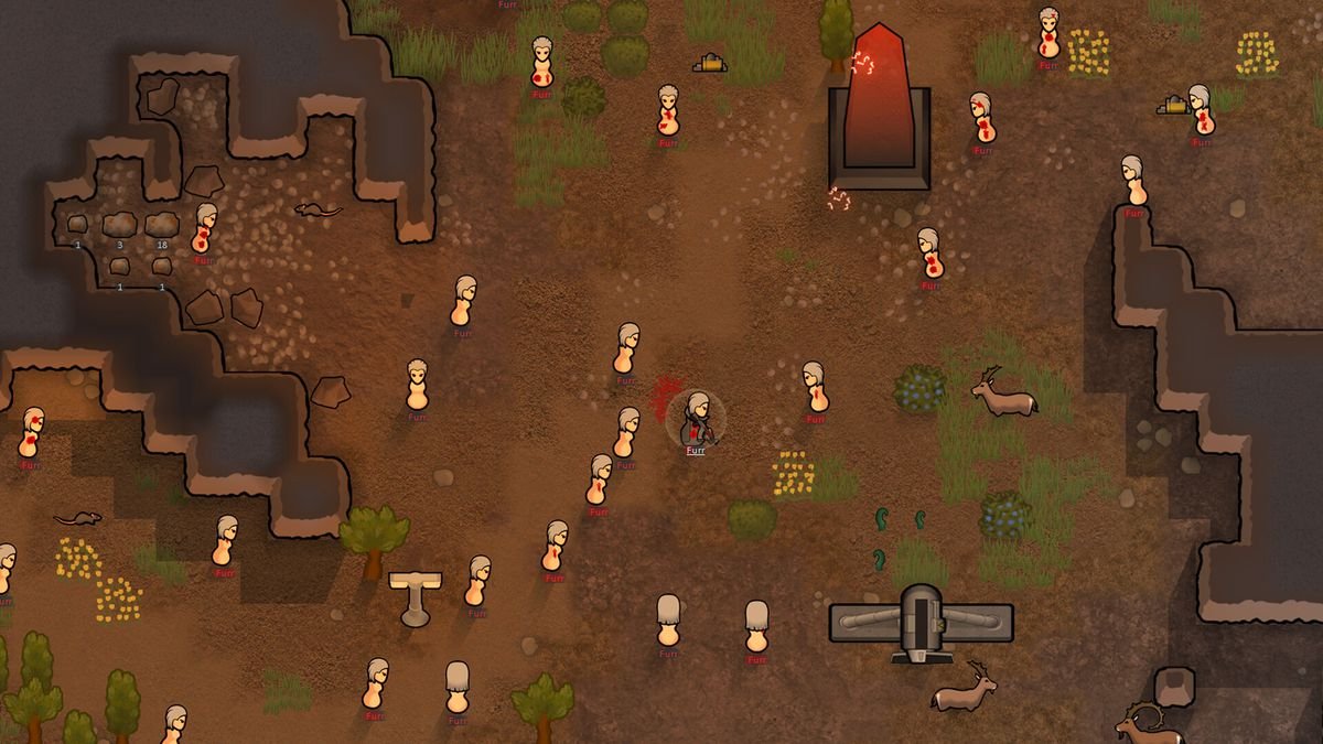 An obelisk in RimWorld's Anomaly expansion has backfired, creating dozens of clones of a single colonist, who tries to fight them in vain.