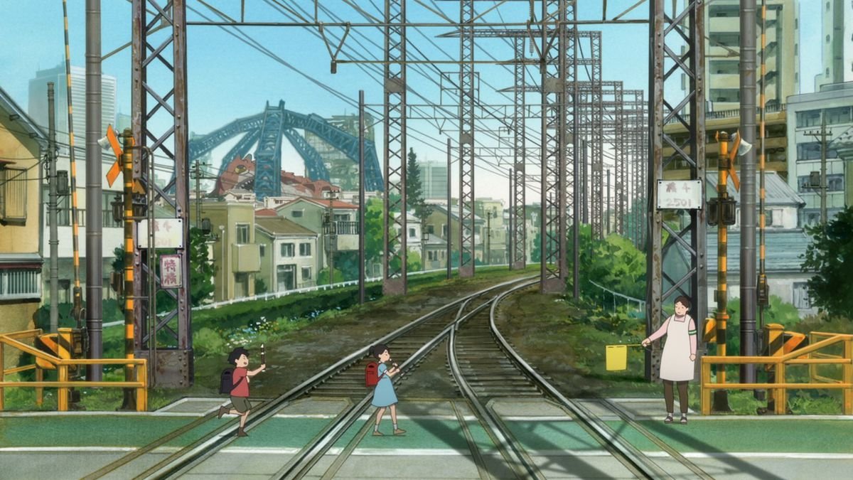 Two small children cross the railroad tracks with the remains of a larger monster visible in the distance in Kaiju #8.