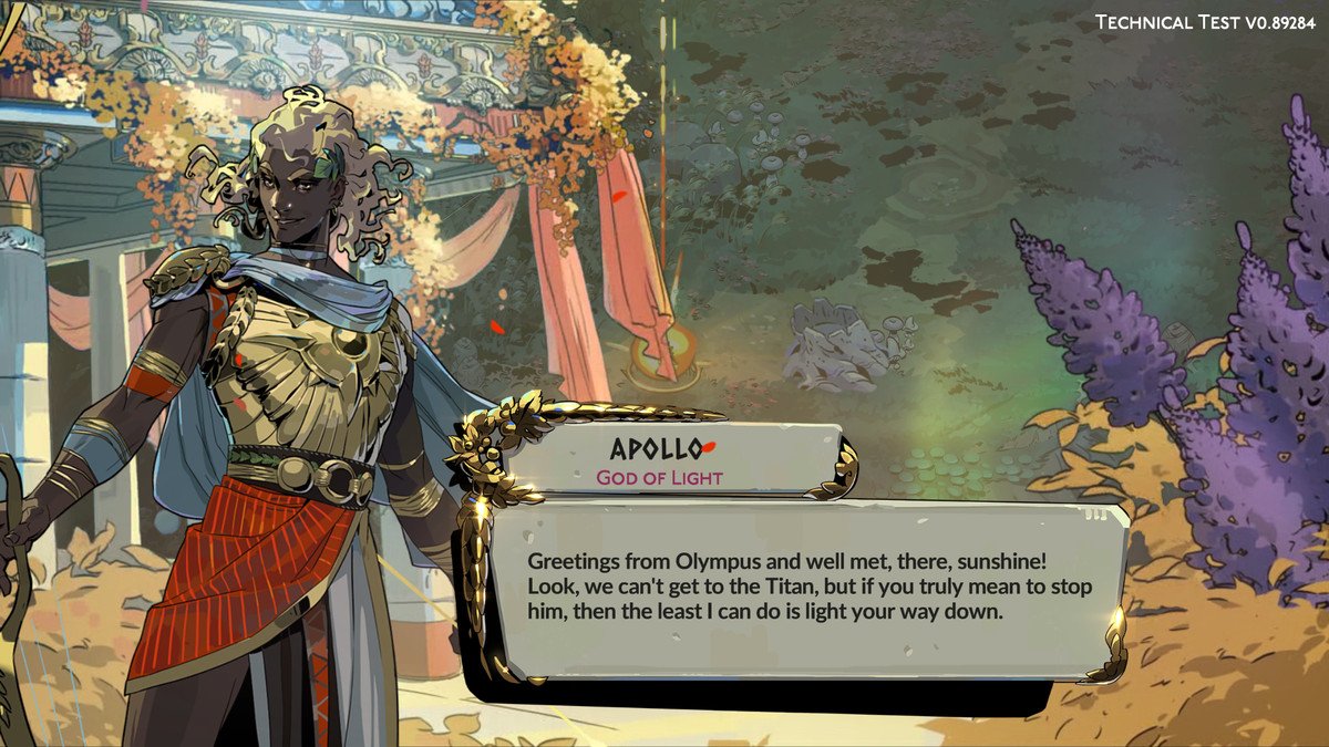 A depiction of Apollo in Hades 2. He has golden hair and glittering armor.