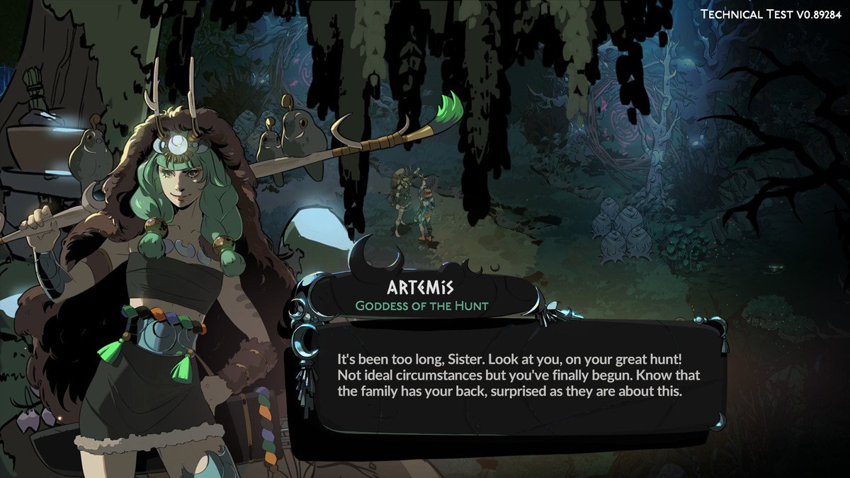 A depiction of Artemis in Hades 2. She wears a fur and has a stick rest on her shoulders. 