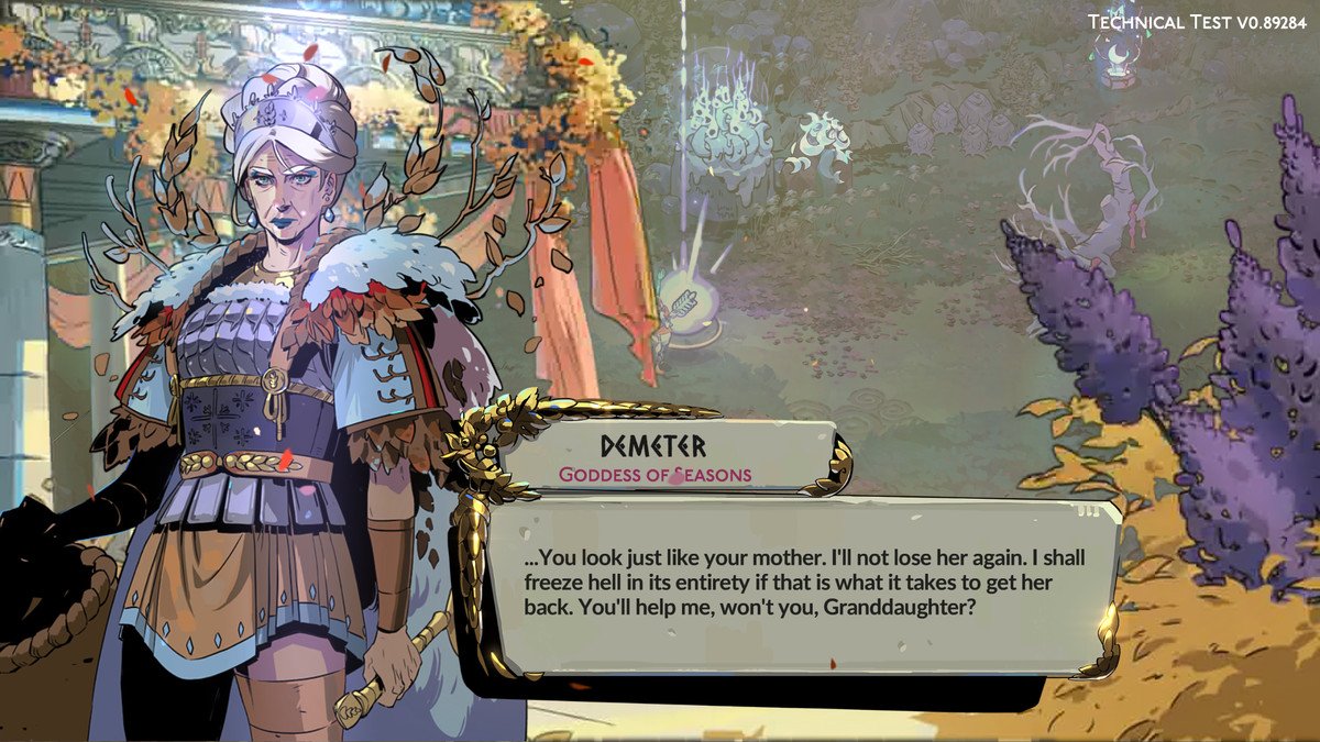 An image of Demeter in Hades 2. She looks old, but stands tall and looks like a warrior. 