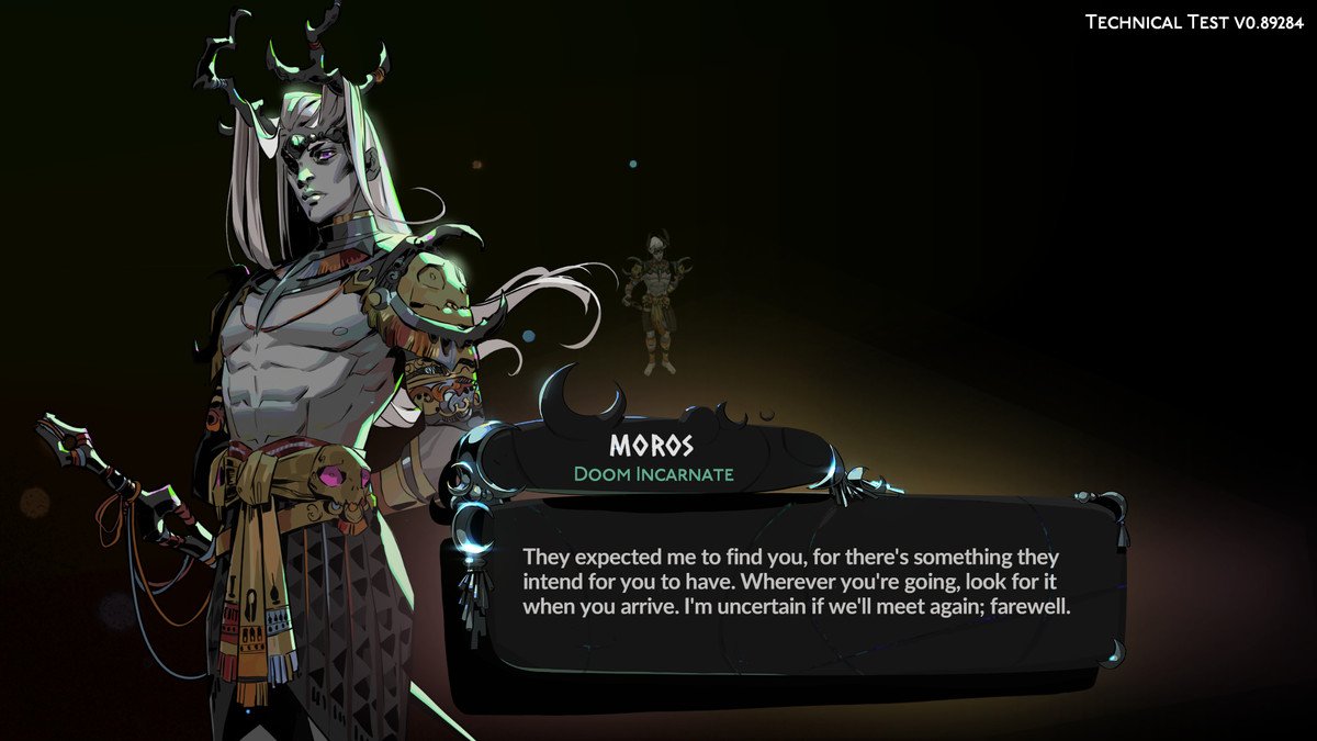 A depiction of Moros in Hades 2. He looks like a dark night and has gigantic pecs, horns, and long flowing hair that falls over his horns. 