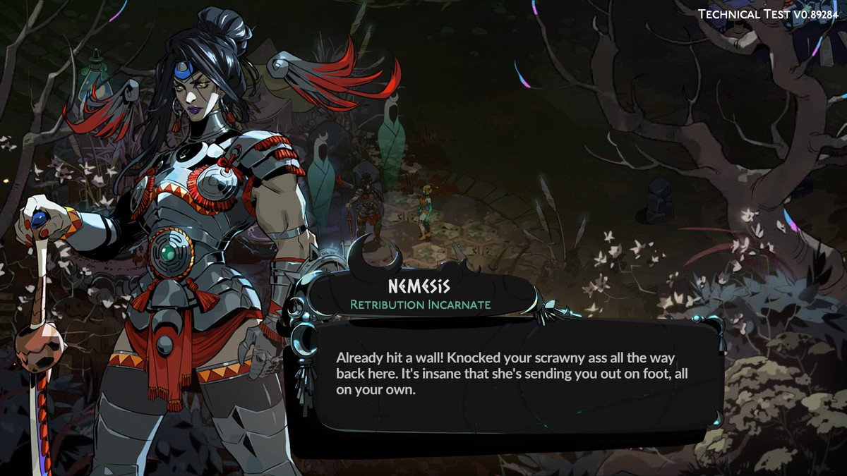 An image of Nemesis in Hades 2. She looks like a muscular warrior and wears dark armor. 