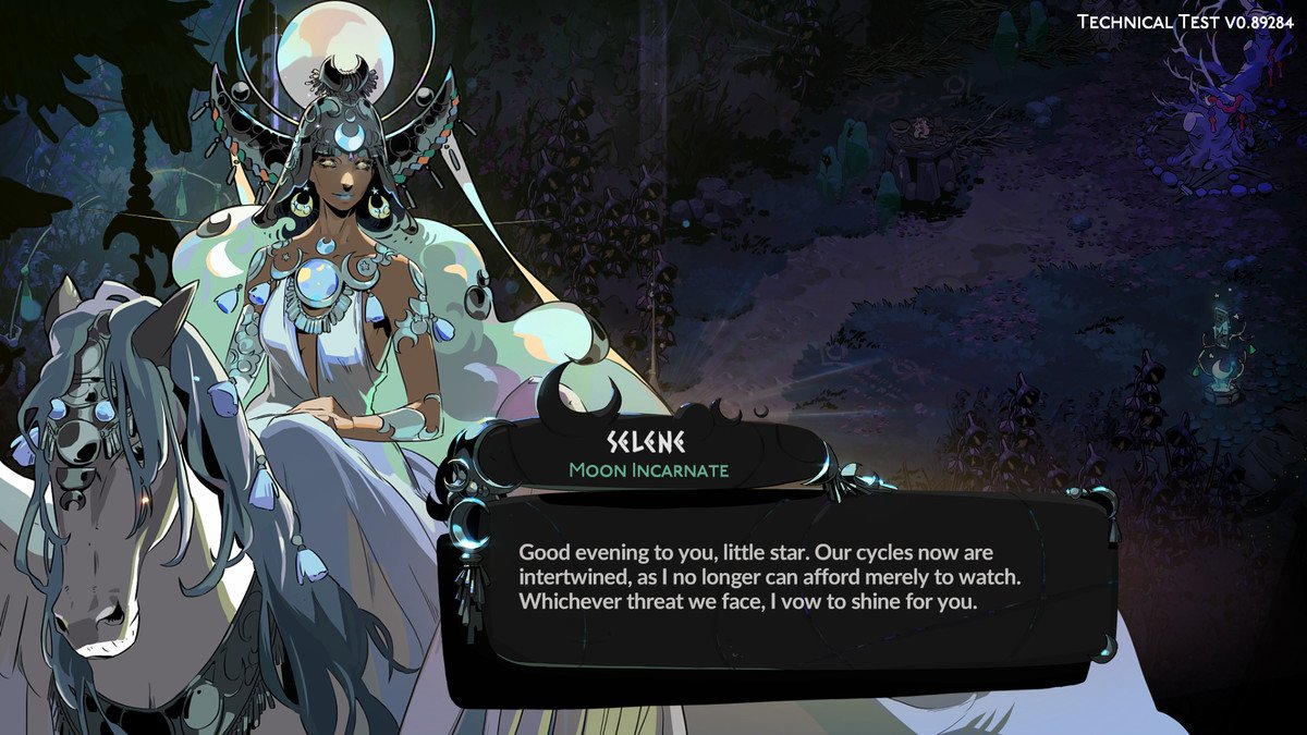 An image of Selene in Hades 2. She rides a horse and wears long, flowing clothes while illuminated by the moon. 