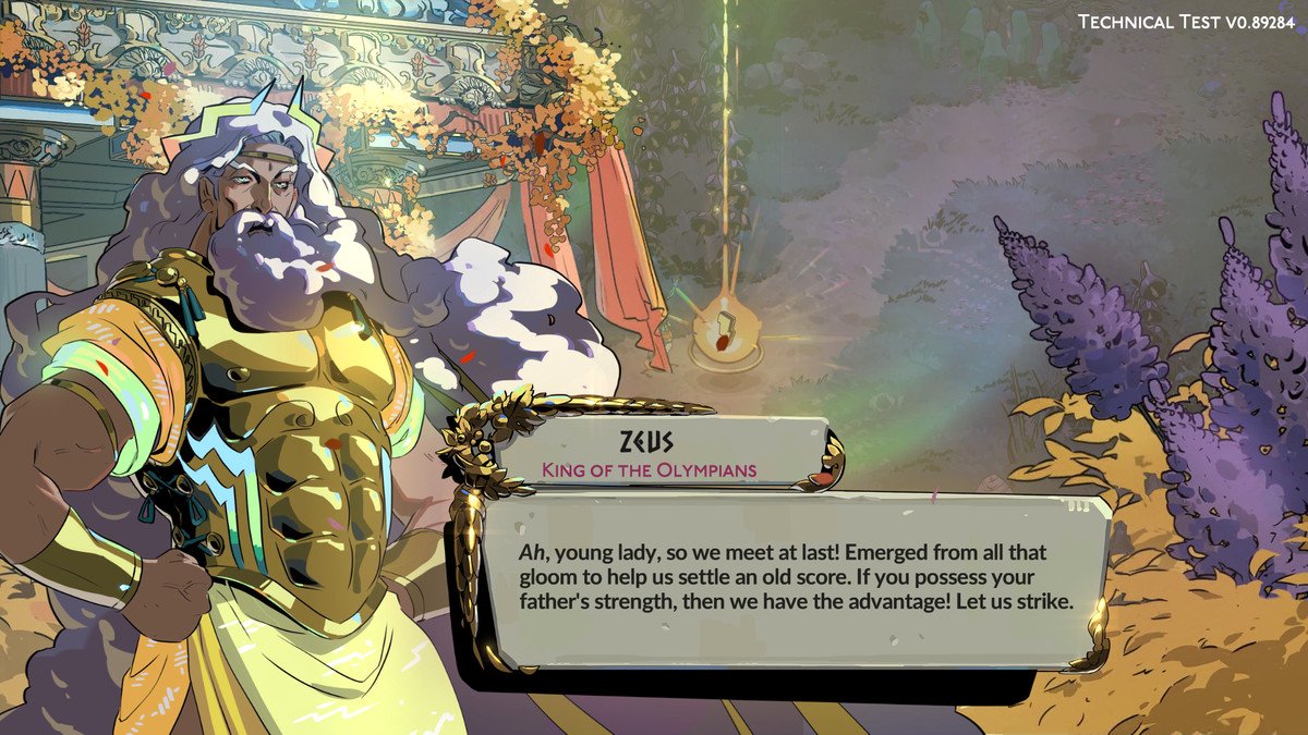 A depiction of Zeus in Hades 2. He wears a golden coffin and has long white hair flowing from his head.  He stands confidently with his hands on his hips. 