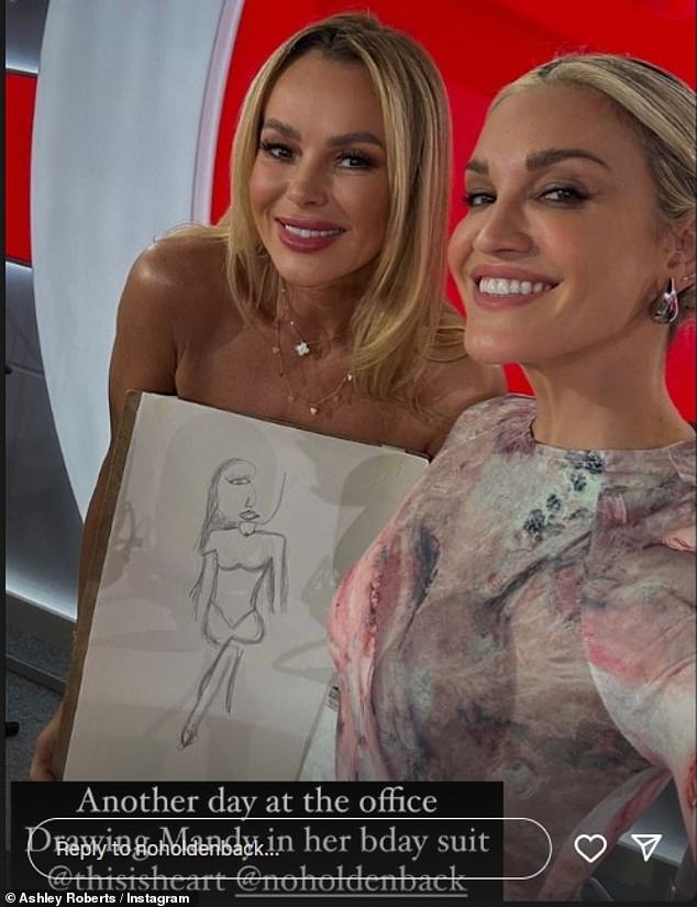 Ashley briefly posed with Amanda in her 'birthday suit', who was holding one of the drawings of herself