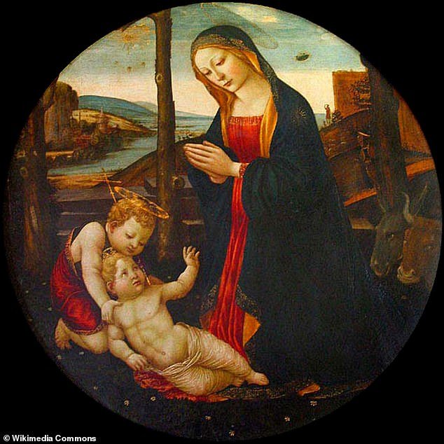 Above, the 16th-century painting entitled 'The Madonna with Saint Giovannino', believed to be the work of Italian Renaissance artist Domenico Ghirlandaio.  Some believe the painting contains a reference to 'ancient' UFOs with a sky-bound object above the Virgin Mary's left shoulder