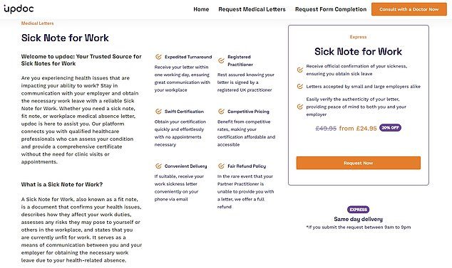 The Updoc site adds: 'Get your certification quickly and effortlessly without having to make an appointment'