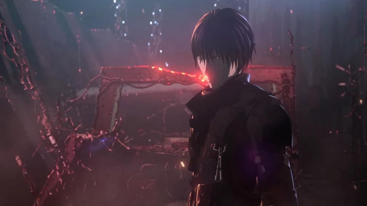 A black-haired anime man in a black suit standing in front of a charred, melted pile of metal grates in Blame!.