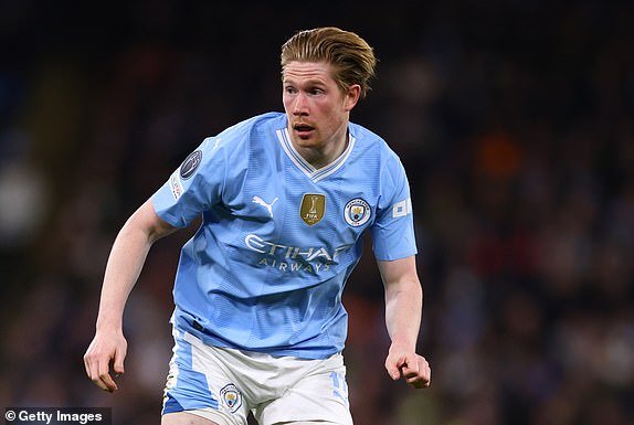 MANCHESTER, ENGLAND - APRIL 17: Kevin De Bruyne of Manchester City during the UEFA Champions League quarter-final second leg match between Manchester City and Real Madrid CF at the Etihad Stadium on April 17, 2024 in Manchester, England.  (Photo by Marc Atkins/Getty Images) (Photo by Marc Atkins/Getty Images)
