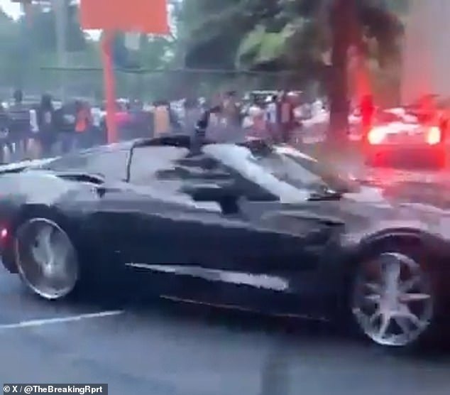 Videos of the party that have since emerged show a black Corvette making donuts as a large number of people cheer