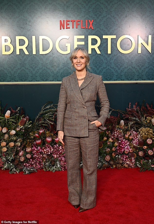 Also making a chic appearance was Bridgerton producer Jess Brownell, who opted for a tan houndstooth suit and pointy brown heels.  Pictured