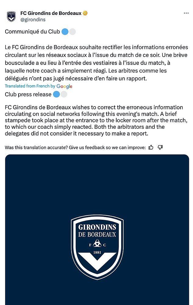 Bordeaux wrote on X (formerly Twitter): 'FC Girondins de Bordeaux wants to correct the incorrect information circulating on social networks after tonight's match'
