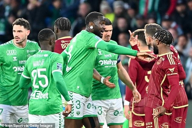 St Etienne defender Mickael Nade was sent off in the second half as tempers flared on the pitch