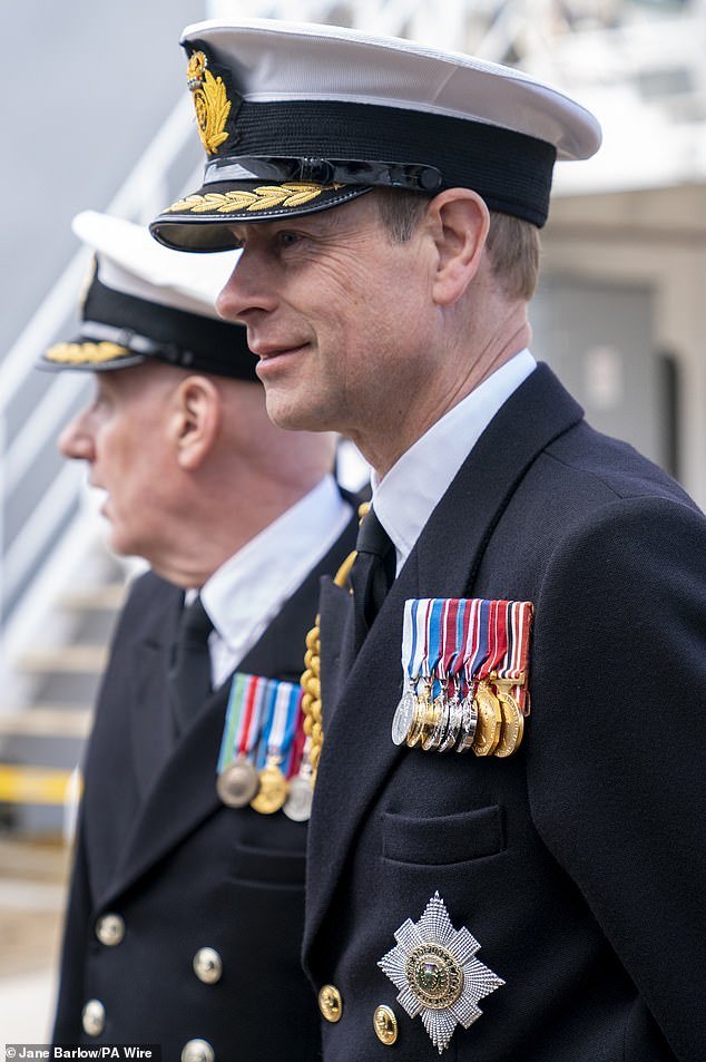 Prince Edward, Duke of Edinburgh, wears the Order of the Thistle for the first time at the dedication of a Royal Fleet Auxiliary ship, RFA Stirling Castle, in Leith