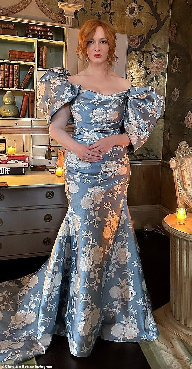 The 48-year-old Mad Men star - who married George Bianchini in New Orleans - stuns in an off-the-shoulder blue and ivory dress from the famed designer