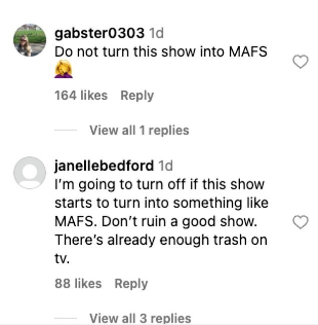 “Don't make this show MAFS,” one devoted viewer begged under an Instagram post teasing the drama