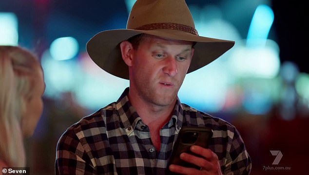 The scandal broke on Sunday's episode of Farmer Wants A Wife.  Farmer Dean (pictured) was forced to face his love interest Teegan after receiving an anonymous text message