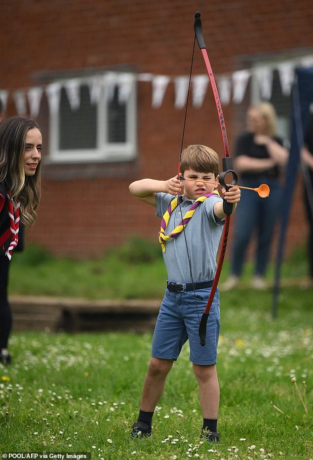 Prince Louis of Wales tried his hand at archery while taking part in the Big Help Out, during a visit to the 3rd Upton Scouts Hut in Slough, west London in May 2023.
