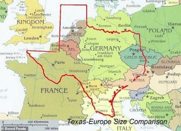 Elsewhere, another chart showed that Texas includes almost all of Germany and many of its neighboring countries