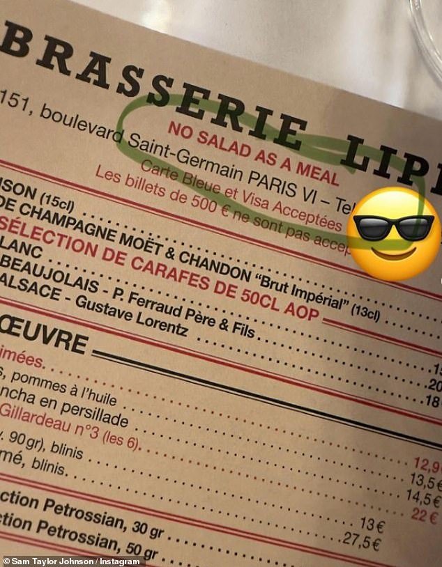 Taylor-Johnson's promotional trip to Paris concluded with a visit to Brasserie Lipp restaurant on Boulevard Saint-Germain, where the filmmaker shared a photo of her menu.