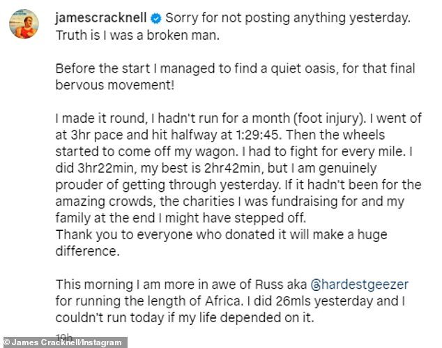 James Cracknell says he's 'a broken man' after completing the 26.2-mile London Marathon in under four hours on Sunday