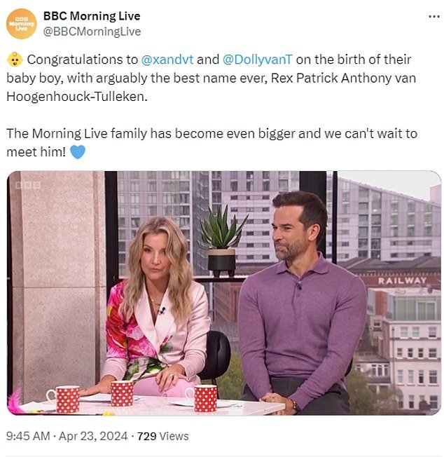 Host Helen Skelton told viewers: 'Often on Mondays we are joined by Dr.  X, and he wasn't here for a very good reason, he was with his lovely wife Dolly when they welcomed their son, Rex Patrick Anthony van Hoogenhouck-Tulleken.  Baby Rex is here!'